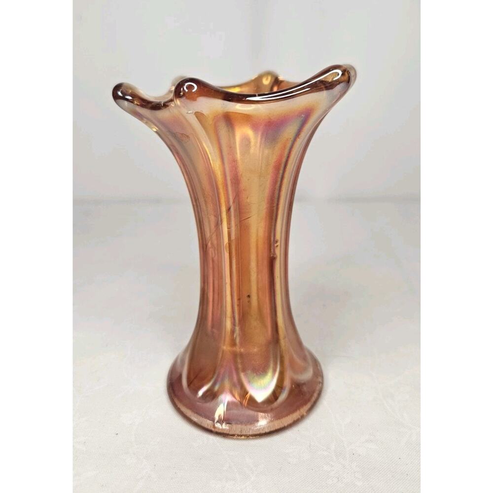Vintage Amber Imperial Morning Glory Miniature Vase 5" Carnival Glass Orange